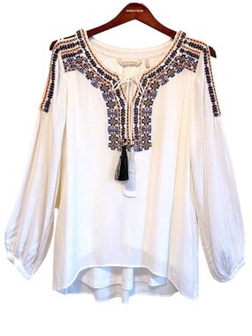 Soft surroundings embroidered tonic top, long sleeve, lined, cream, size PS